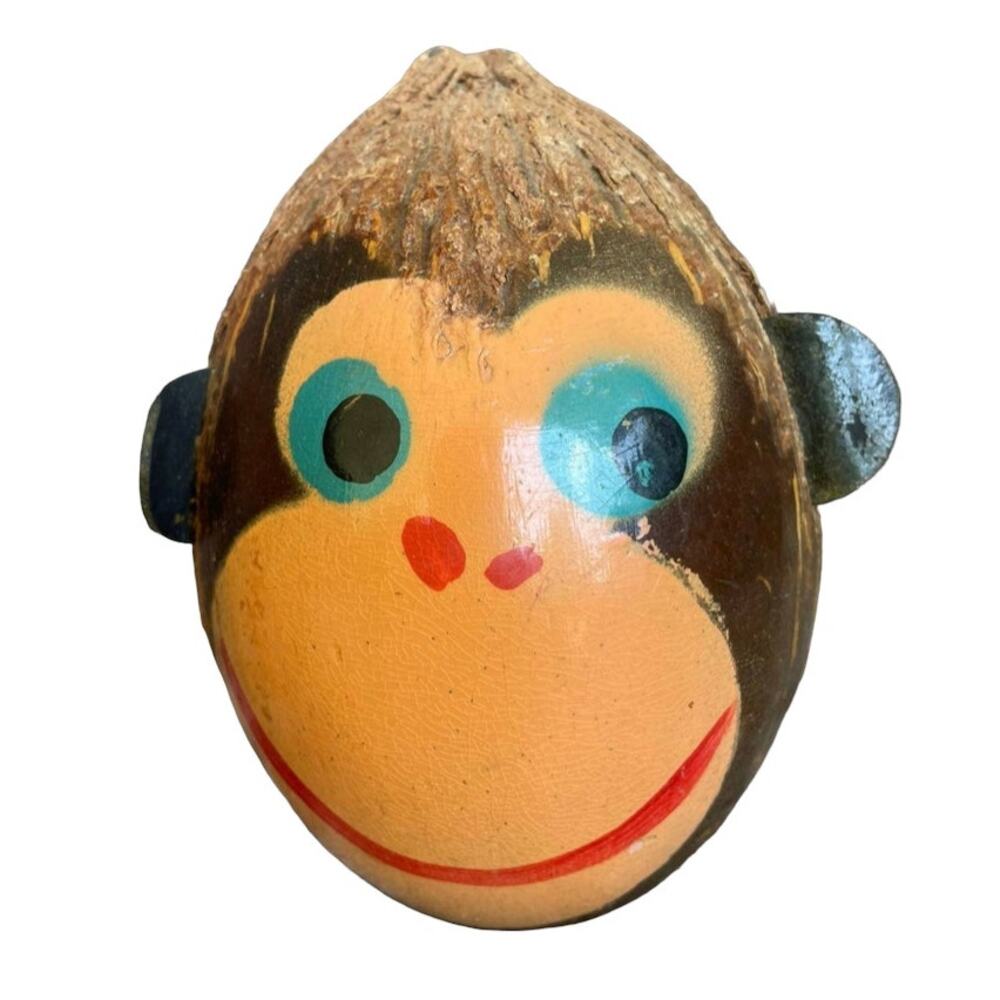 Vintage Coconut Monkey Coin Bank 1950s MCM Tiki Bar Hand Painted Head No Base